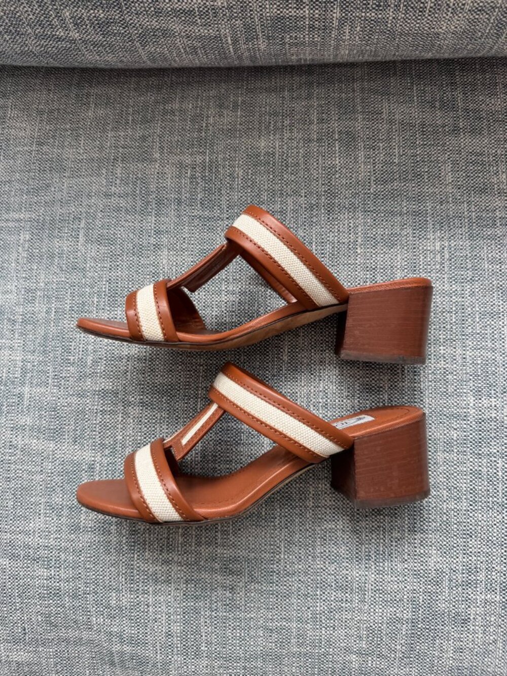 Tod's Double T Heeled Sandal | Brown Leather & Ivory White Canvas | Size 36 6 - Picture 7 of 10